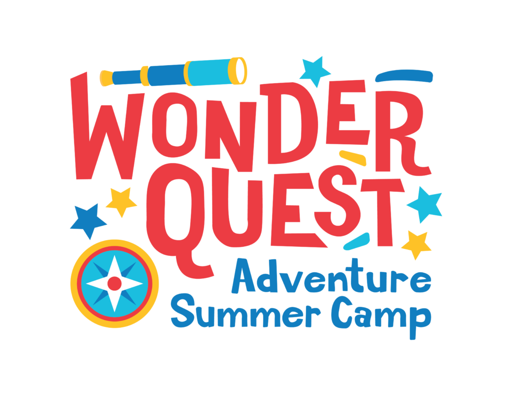 Wonder Question Adventure Summer Camp Logotipo con brújula y telescopio